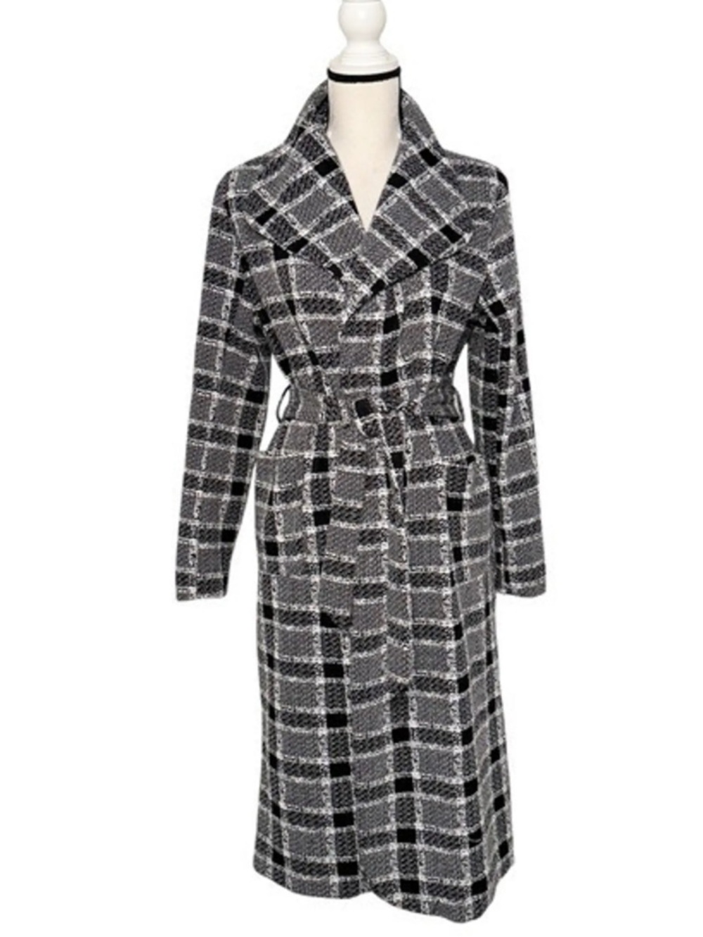 Stella Luce Black & White Plaid Belted Trench Coat